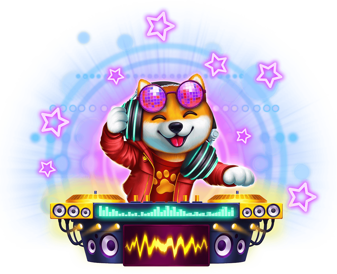 Winny the DJ Dog performing behind the neon mixing desk